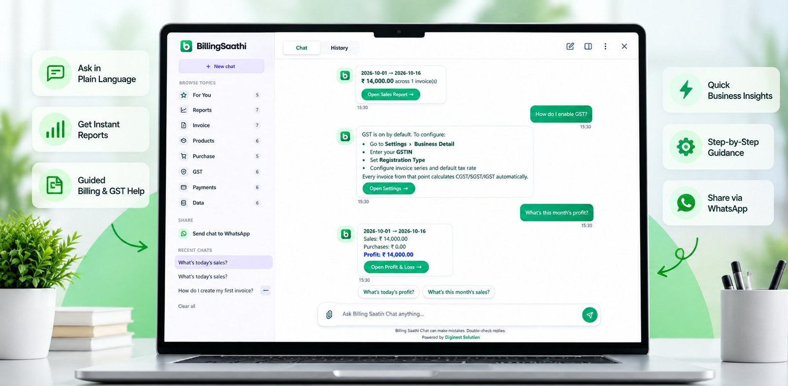 Billing Saathi Chat full view with topics and chat history