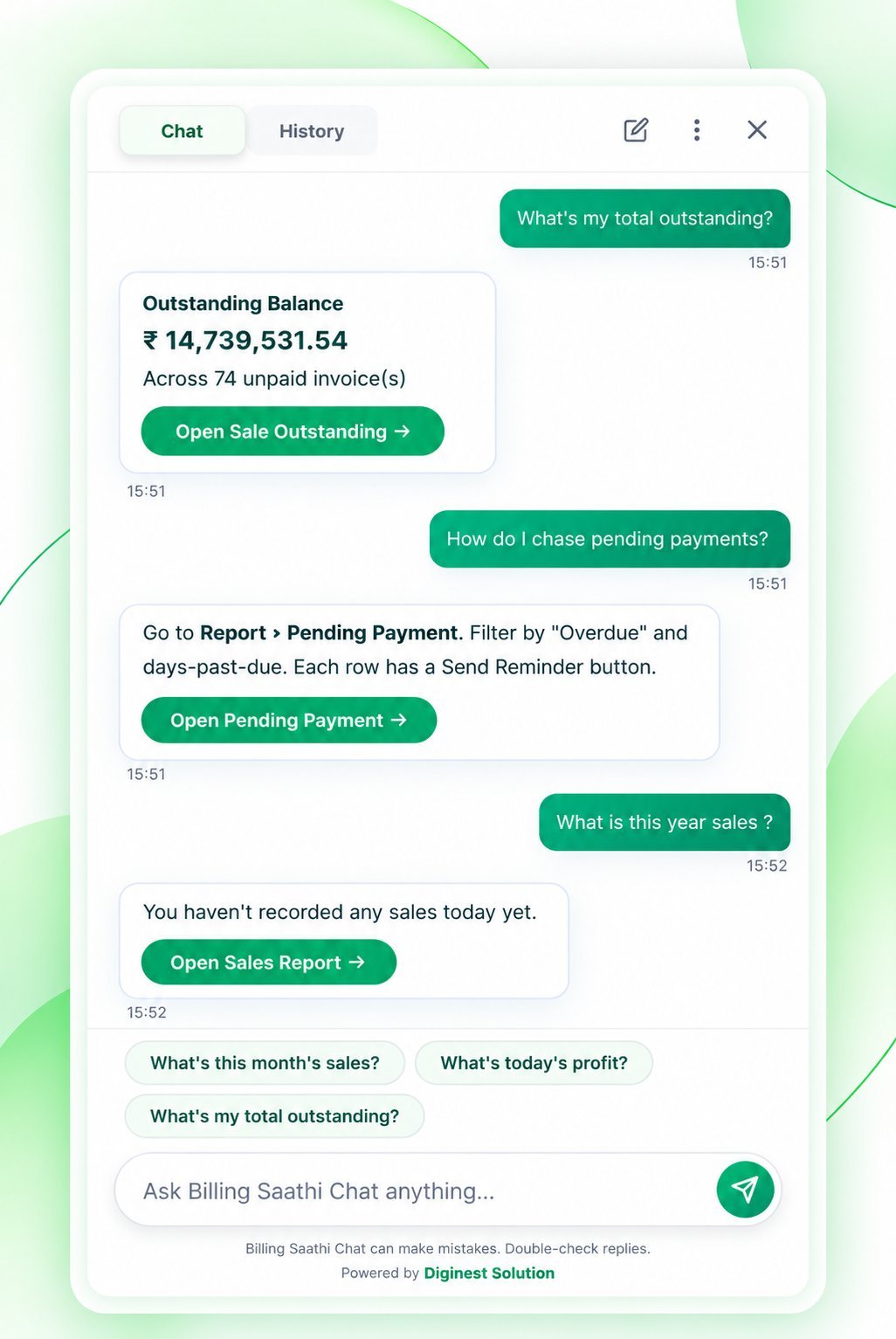 Billing Saathi Chat window answering today's sales