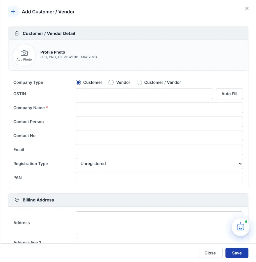 Add Customer / Vendor form