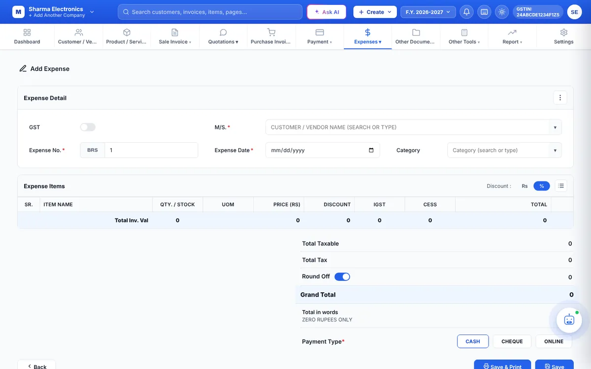 Add Expense screen with expense detail, items and payment type