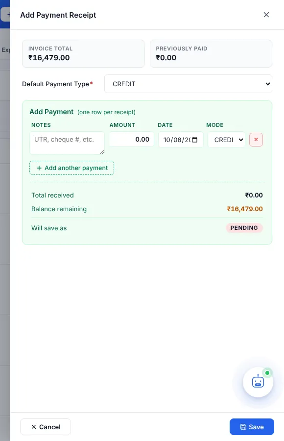 Add Payment Receipt panel with invoice total, previously paid and payment rows