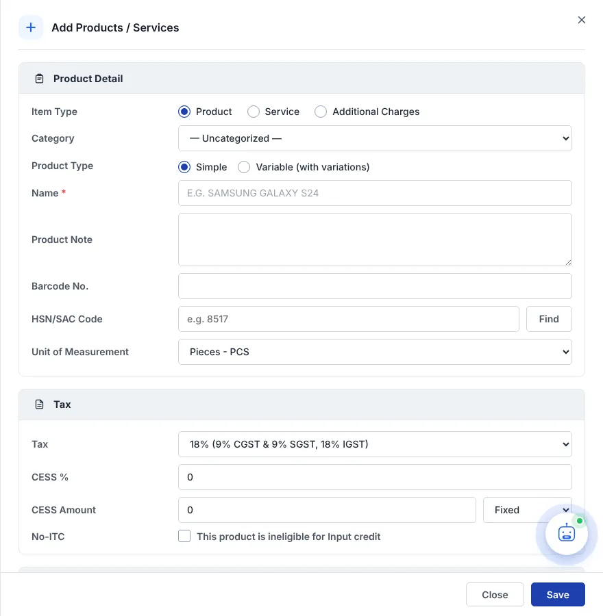 Add Products / Services form