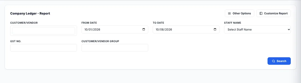 Company Ledger report with filters and ledger table