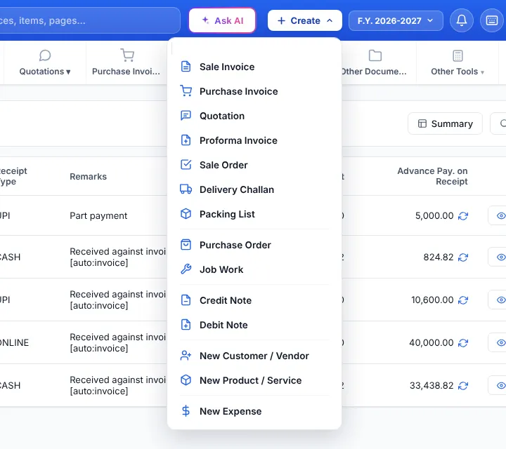 The + Create menu listing all document types