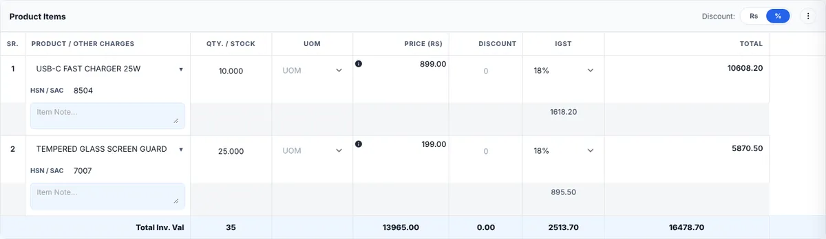 Product Items table with product, quantity, price, discount, tax and total