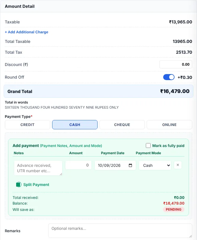 Amount Detail card with Payment Type buttons and payment rows