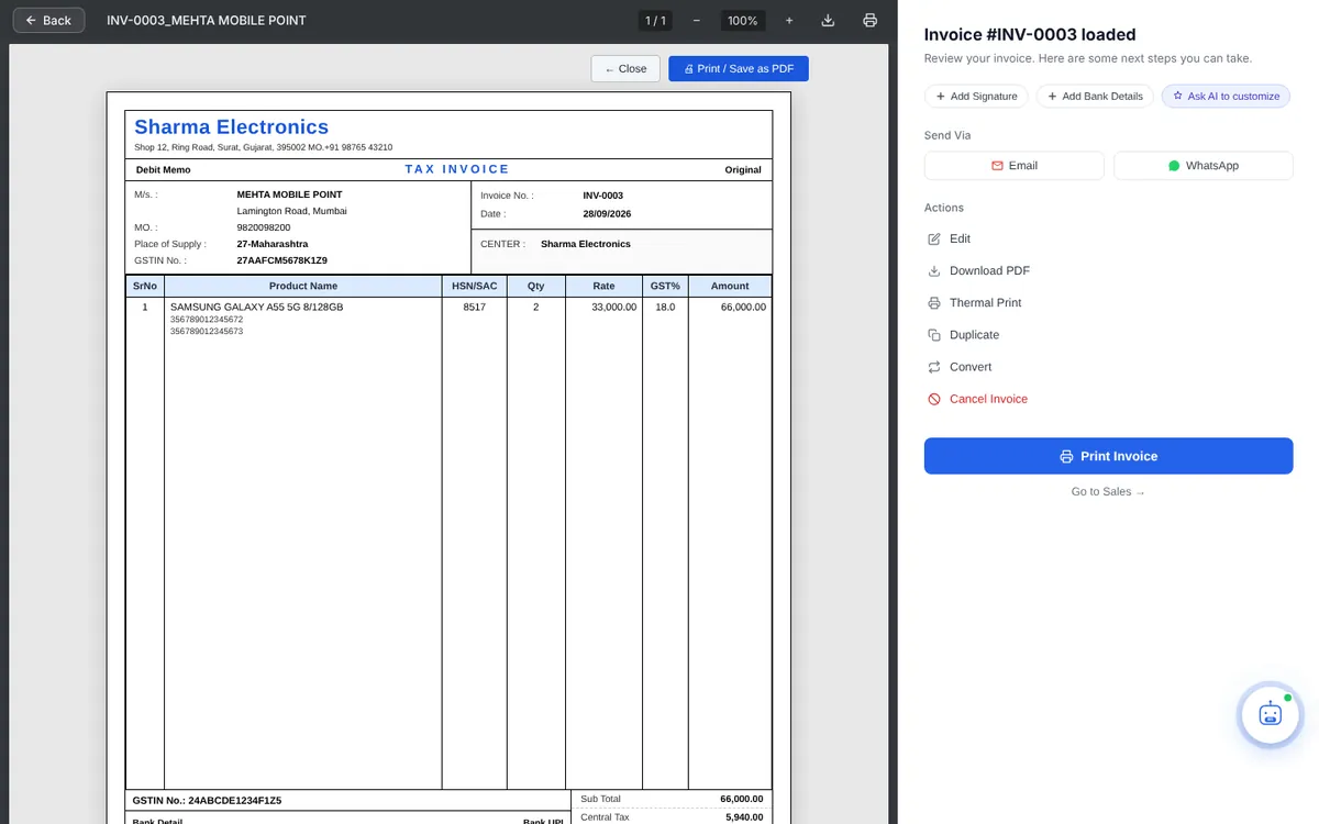 Invoice preview with Send Via Email and WhatsApp and the Actions list