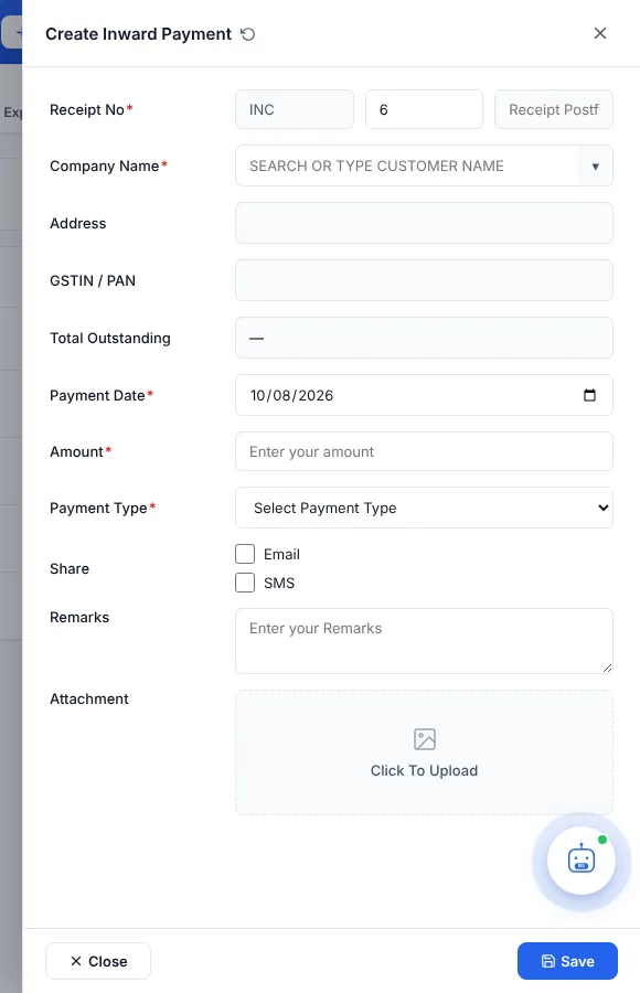 Create Inward Payment panel with receipt number, company name, outstanding and amount