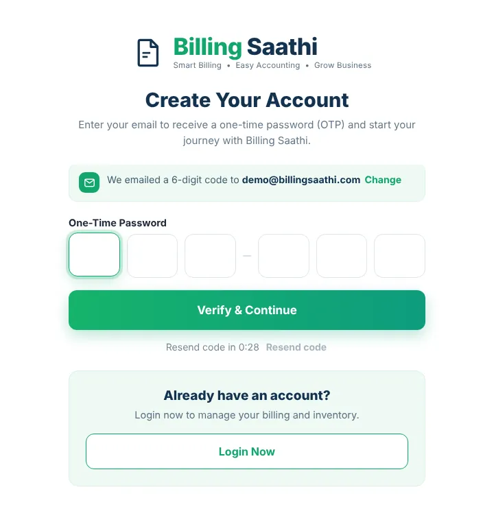 Create Your Account screen with email and one-time password boxes