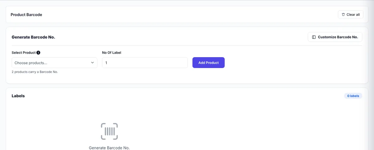 Product Barcode page with product picker and label preview