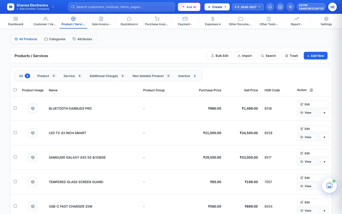 Products / Services list with tabs and actions
