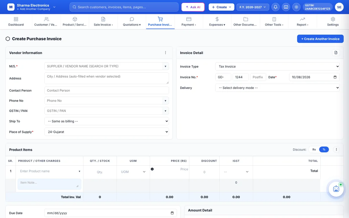 Create Purchase Invoice screen with Vendor Information and Invoice Detail