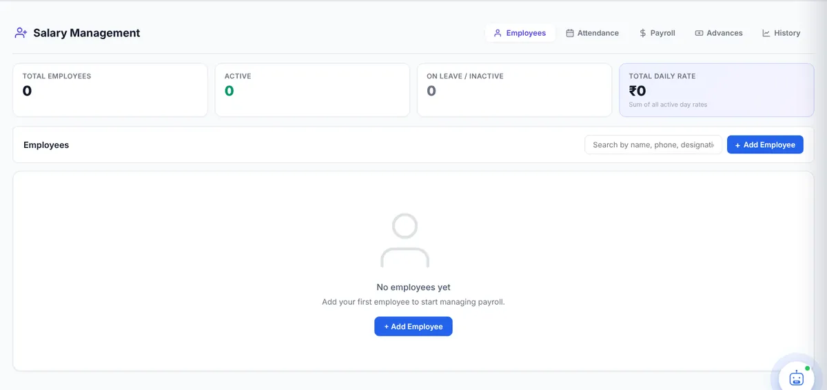 Salary Management with Employees, Attendance, Payroll, Advances and History tabs