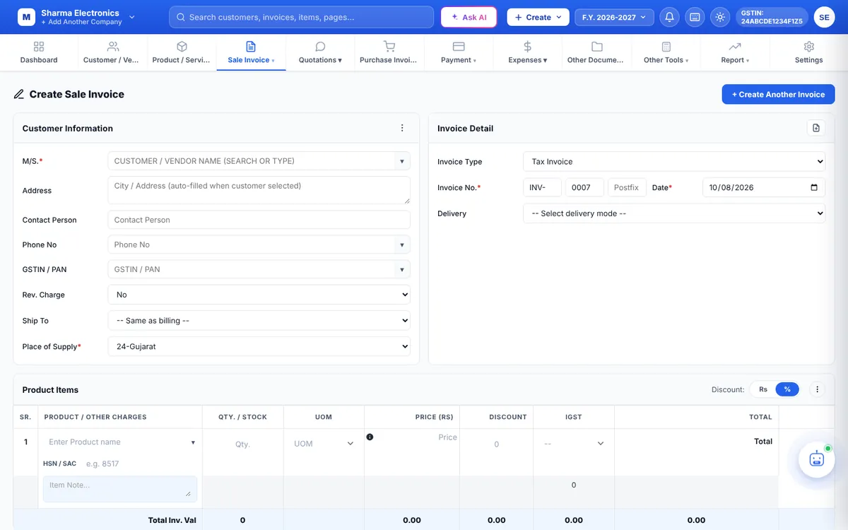 Create Sale Invoice screen with Customer Information and Invoice Detail cards