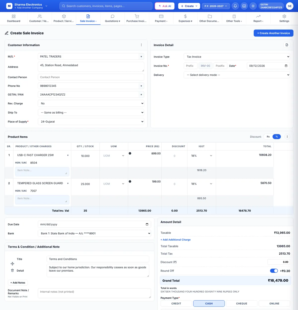 Create Sale Invoice screen with customer, product line and totals