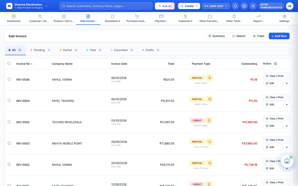 Sale Invoice list with status tabs and payment type badges