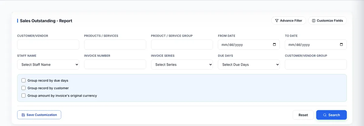Sales Outstanding report with filters