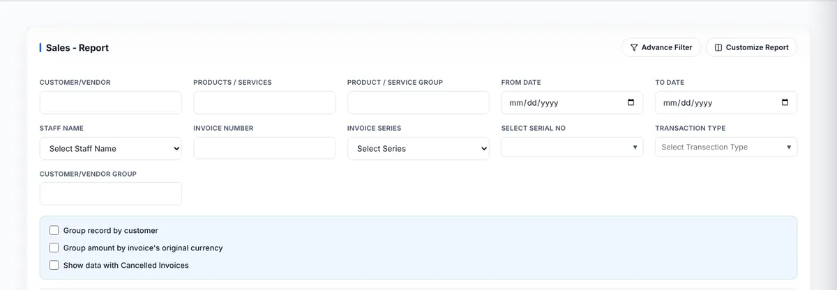 Sales report filter card with Advance Filter and Customize Report