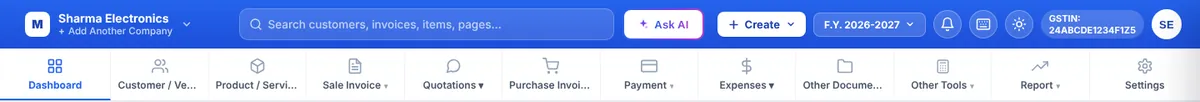Billing Saathi top bar and section tabs